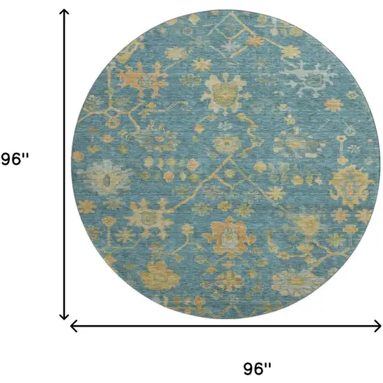 8' Teal Gold And Blue Floral Washable Round Rug With UV Protection Photo 9
