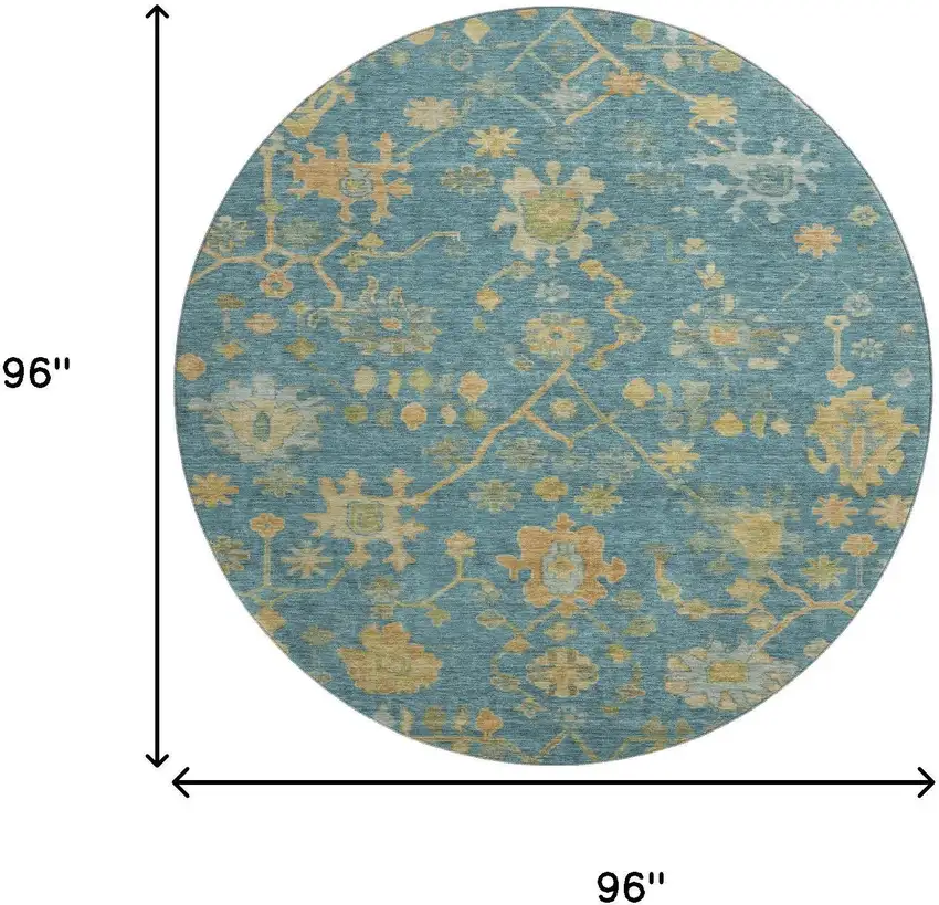 8' Teal Gold And Blue Floral Washable Round Rug With UV Protection Photo 9