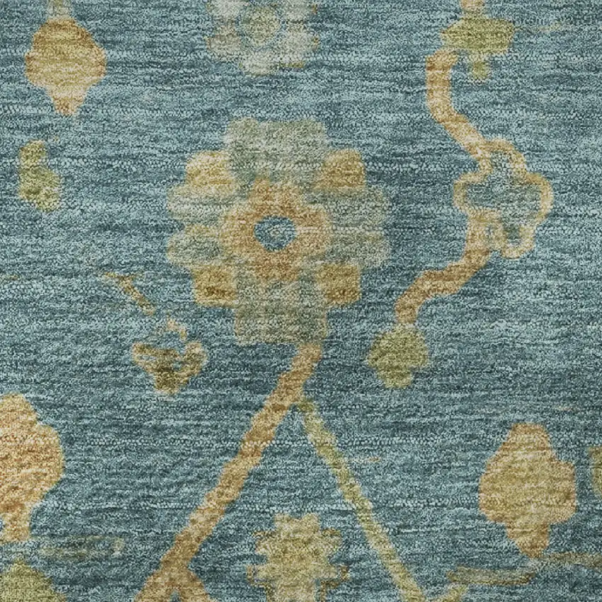 8' Teal Gold And Blue Floral Washable Round Rug With UV Protection Photo 9