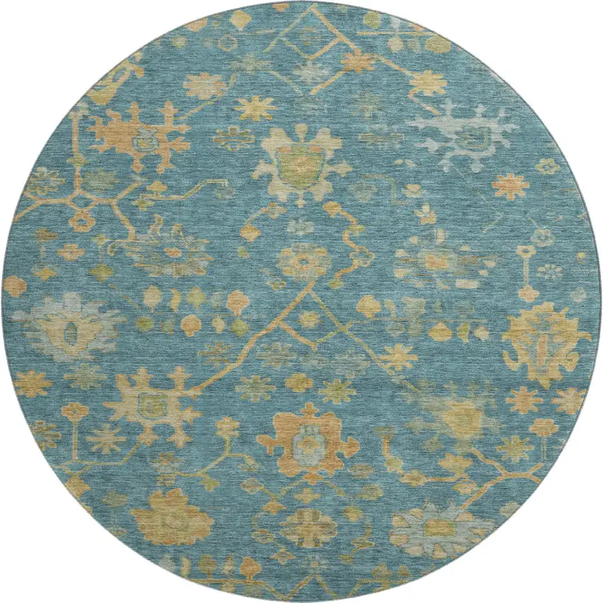 8' Teal Gold And Blue Floral Washable Round Rug With UV Protection Photo 1