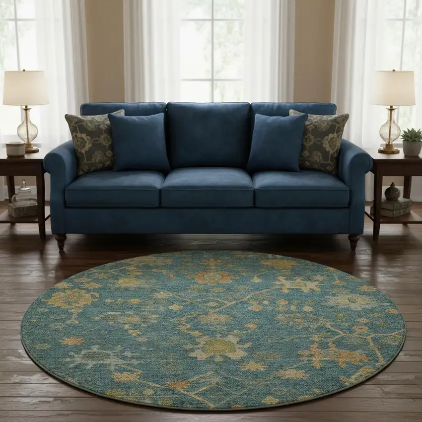 8' Teal Gold And Blue Floral Washable Round Rug With UV Protection Photo 2