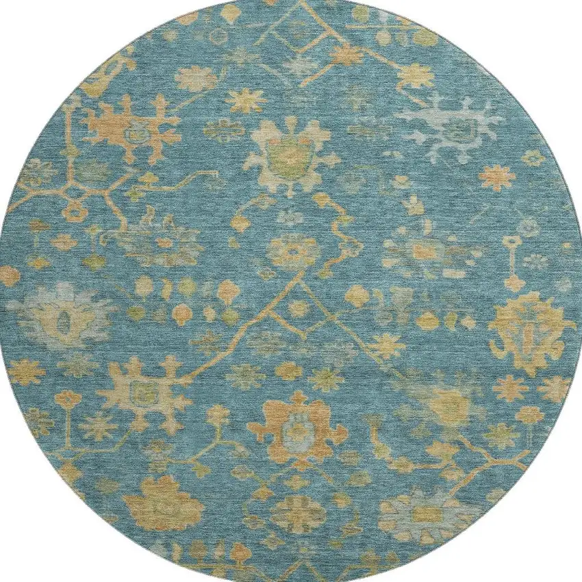 8' Teal Gold And Blue Floral Washable Round Rug With UV Protection Photo 3