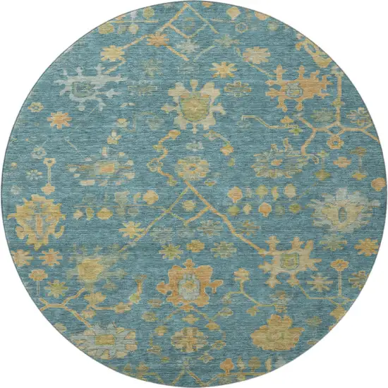 8' Teal Gold And Blue Floral Washable Round Rug With UV Protection Photo 4