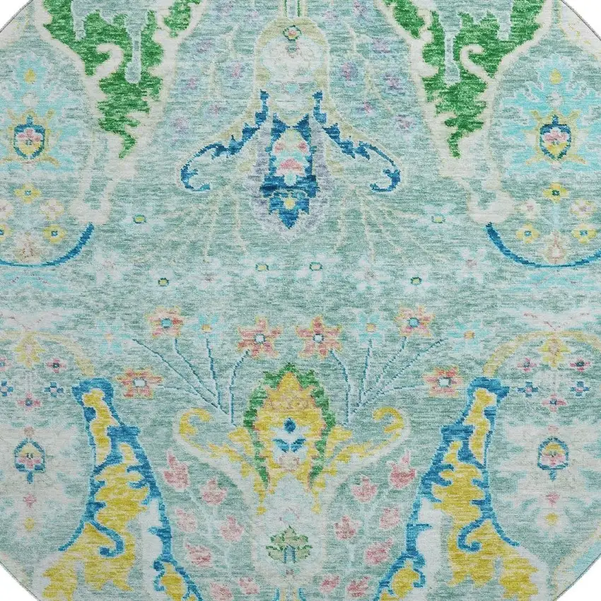 8' Teal Gold And Blue Floral Washable Round Rug With UV Protection Photo 3
