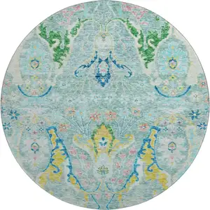 Photo of 8' Teal Gold And Blue Floral Washable Round Rug With UV Protection