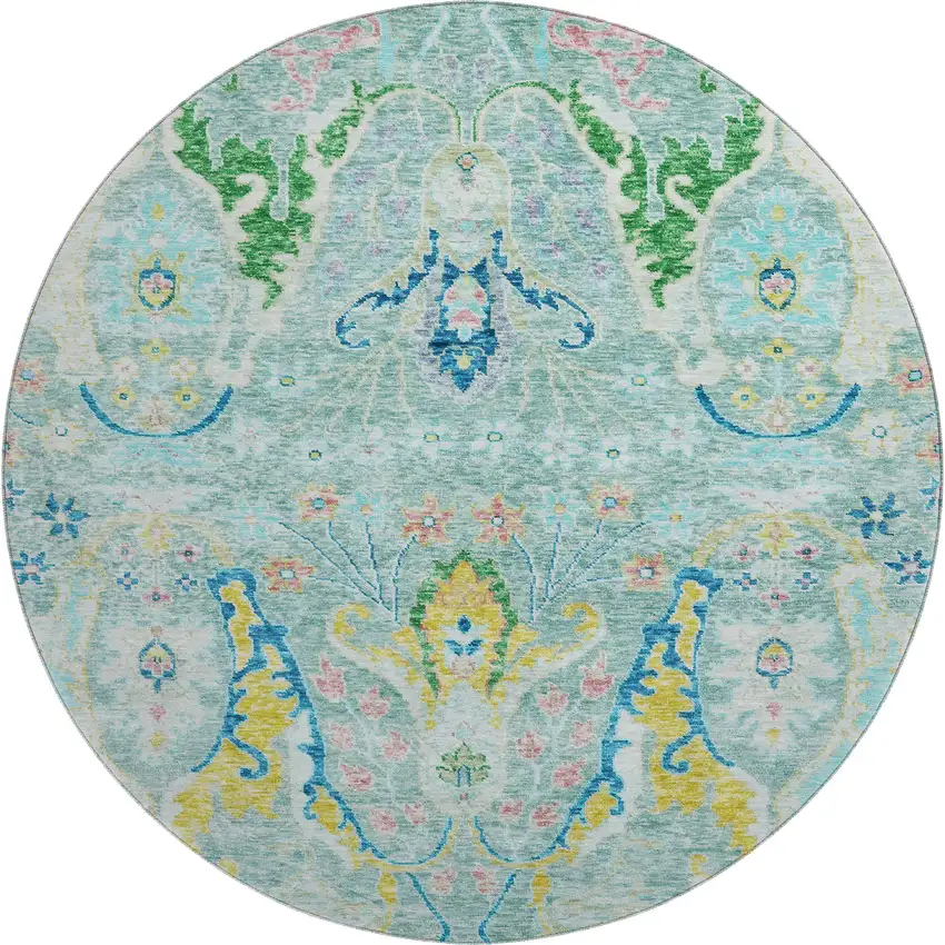8' Teal Gold And Blue Floral Washable Round Rug With UV Protection Photo 1