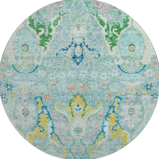 8' Teal Gold And Blue Floral Washable Round Rug With UV Protection Photo 4