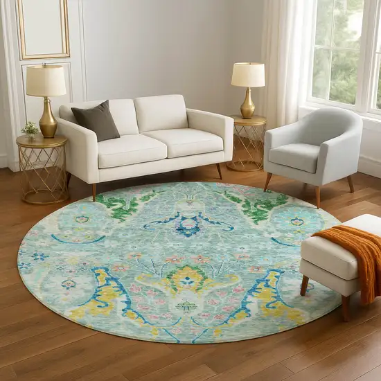 8' Teal Gold And Blue Floral Washable Round Rug With UV Protection Photo 5