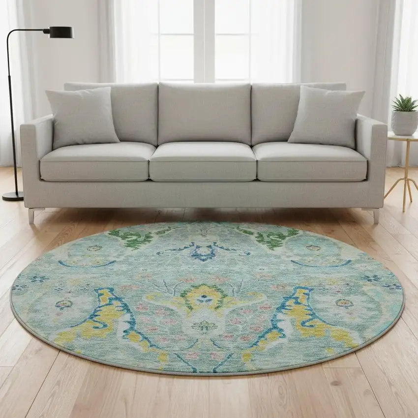 8' Teal Gold And Blue Floral Washable Round Rug With UV Protection Photo 2