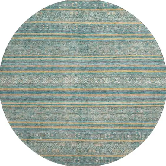 8' Teal Gold And Blue Striped Washable Round Rug With UV Protection Photo 4