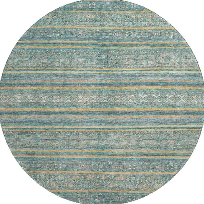8' Teal Gold And Blue Striped Washable Round Rug With UV Protection Photo 4