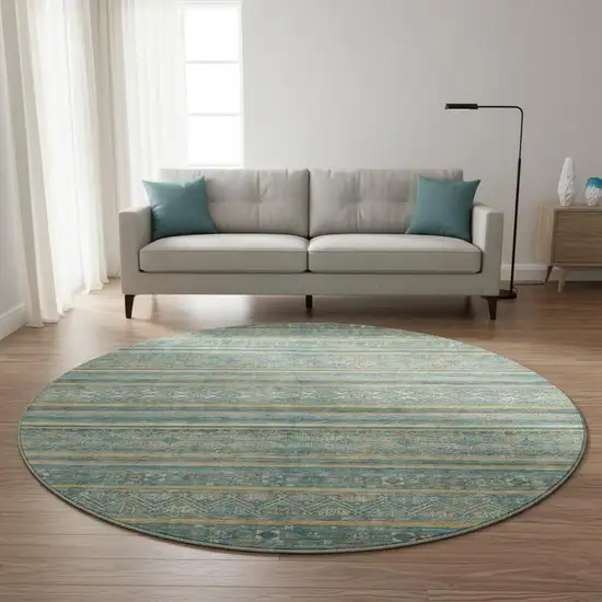 8' Teal Gold And Blue Striped Washable Round Rug With UV Protection Photo 2