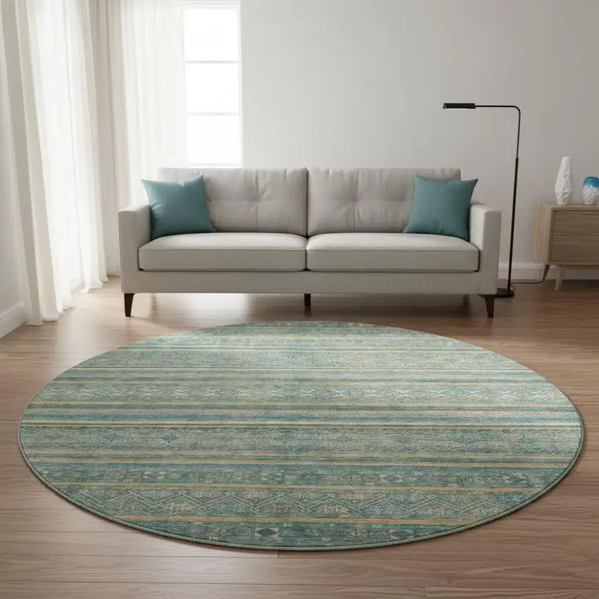 8' Teal Gold And Blue Striped Washable Round Rug With UV Protection Photo 2