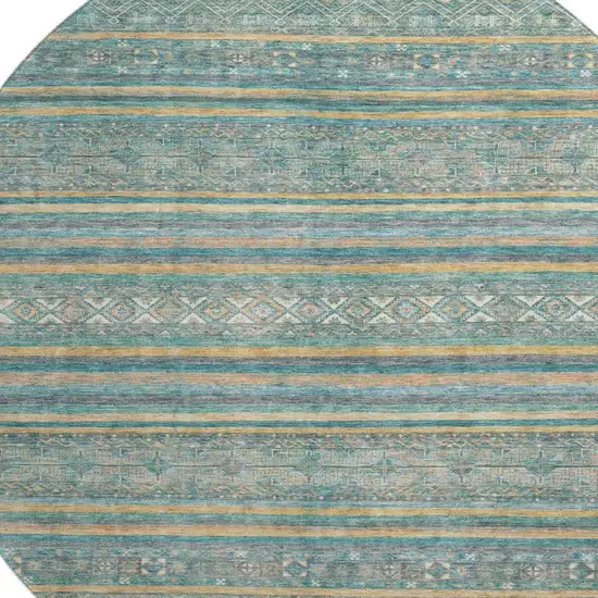 8' Teal Gold And Blue Striped Washable Round Rug With UV Protection Photo 2