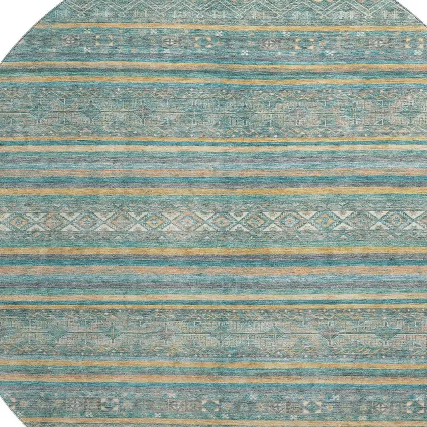 8' Teal Gold And Blue Striped Washable Round Rug With UV Protection Photo 2