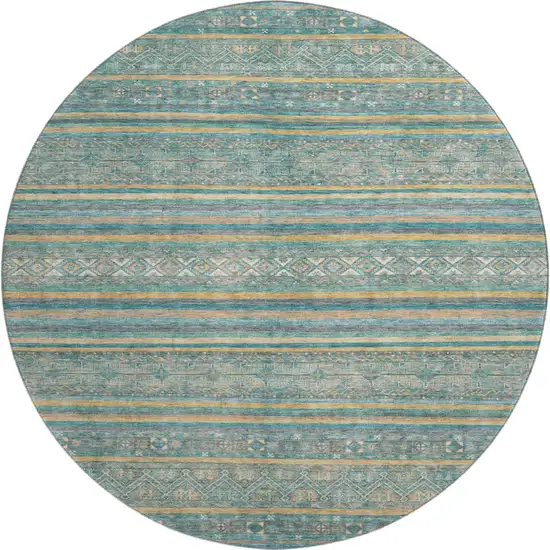 8' Teal Gold And Blue Striped Washable Round Rug With UV Protection Photo 1
