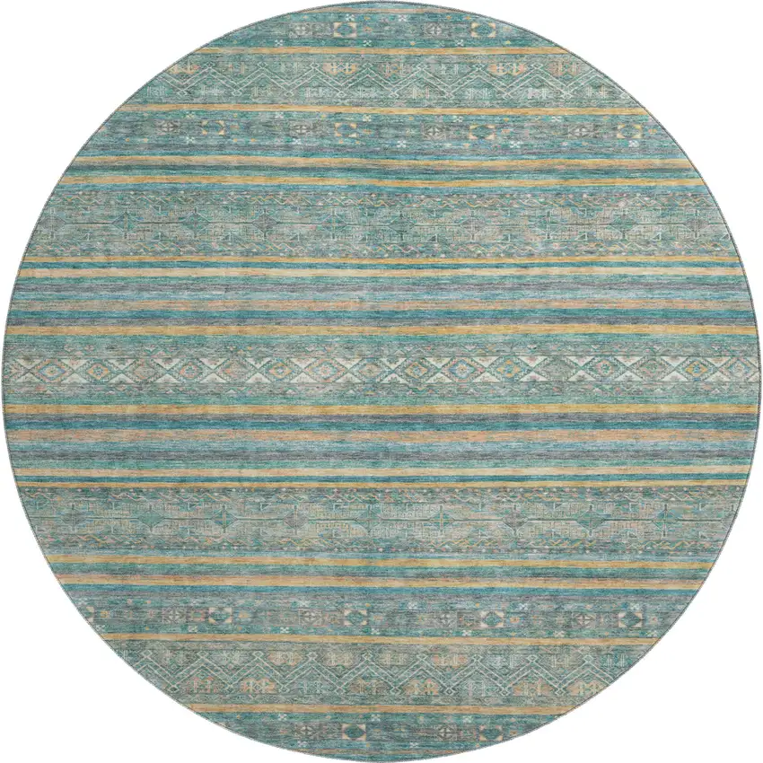 8' Teal Gold And Blue Striped Washable Round Rug With UV Protection Photo 1