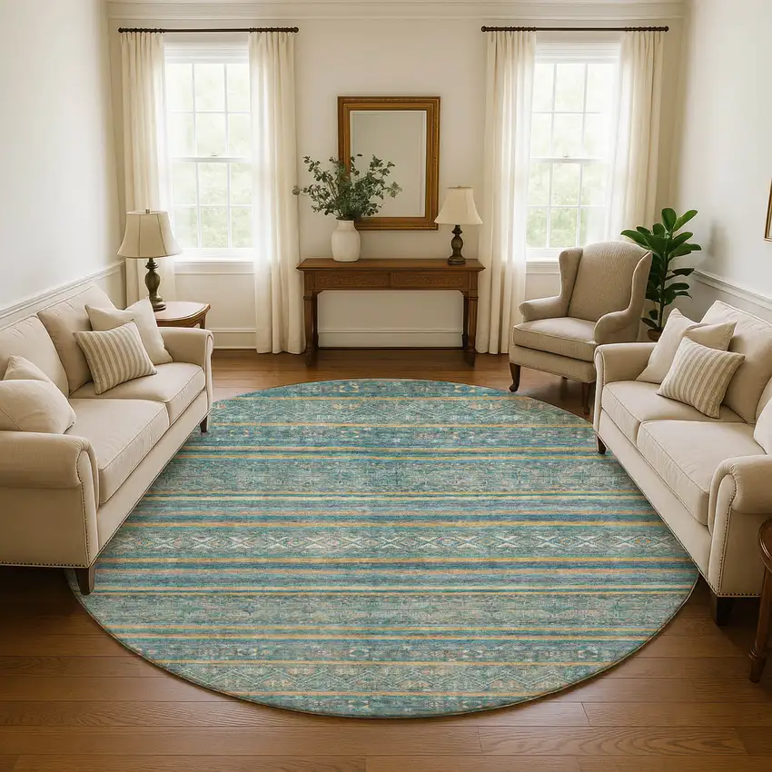 8' Teal Gold And Blue Striped Washable Round Rug With UV Protection Photo 4