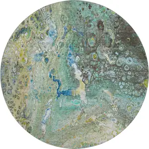 Photo of 8' Teal Gold And Gray Abstract Washable Round Rug With UV Protection