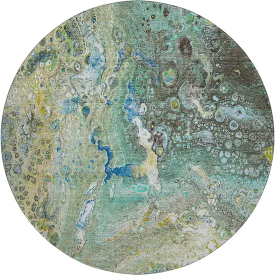 8' Teal Gold And Gray Abstract Washable Round Rug With UV Protection Photo 1