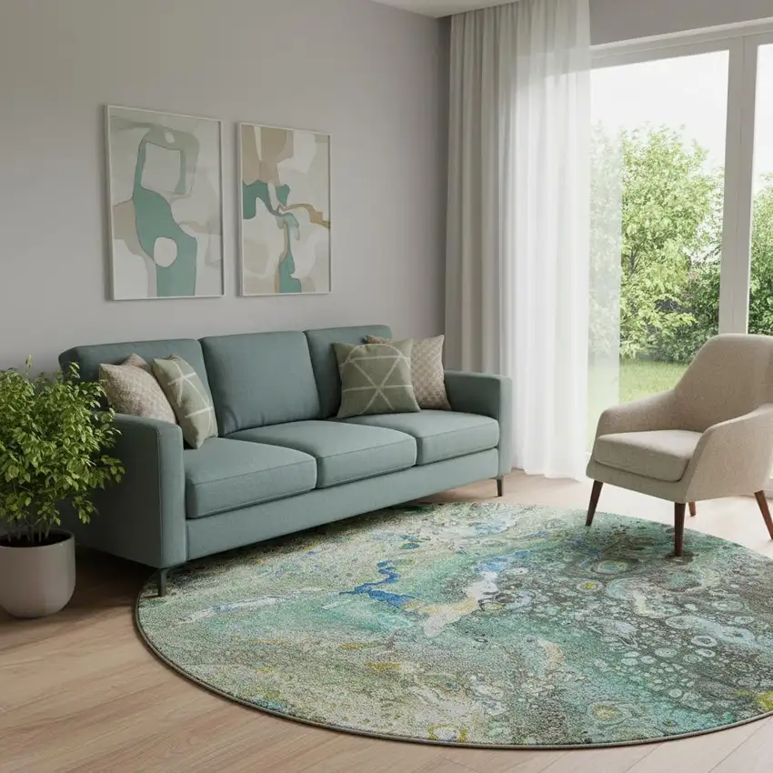 8' Teal Gold And Gray Abstract Washable Round Rug With UV Protection Photo 1