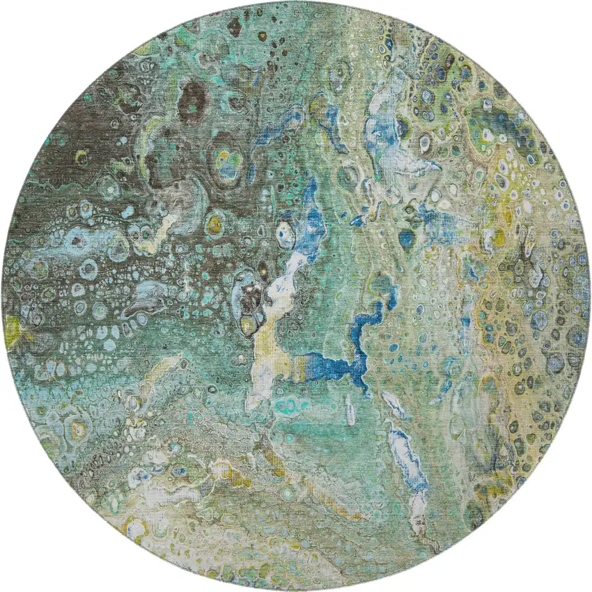 8' Teal Gold And Gray Abstract Washable Round Rug With UV Protection Photo 4