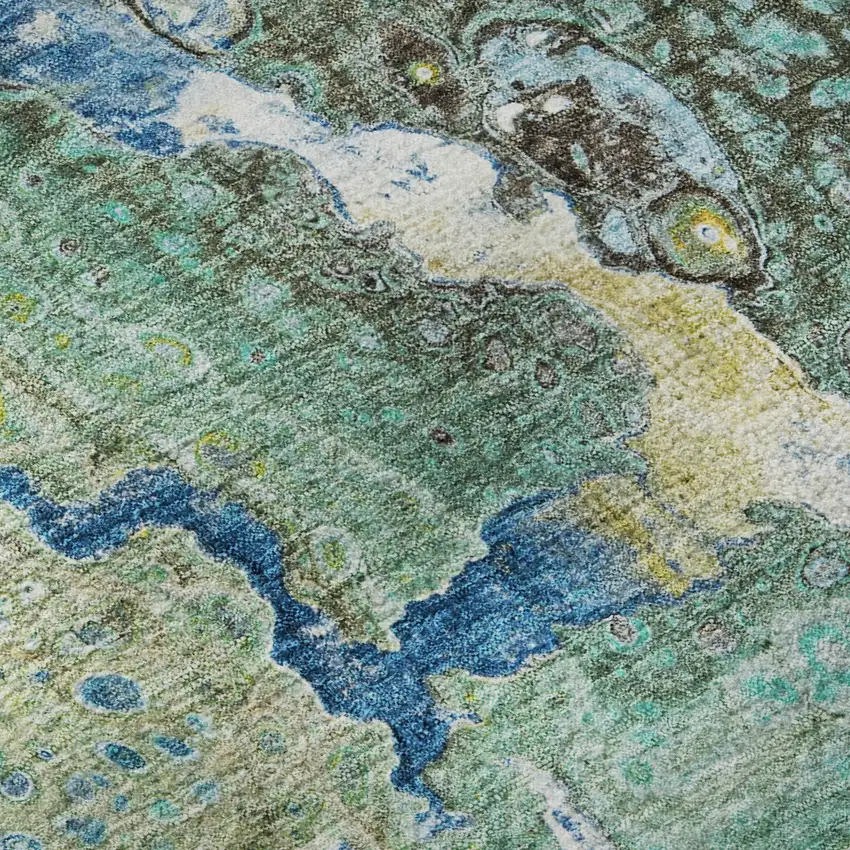 8' Teal Gold And Gray Abstract Washable Round Rug With UV Protection Photo 9