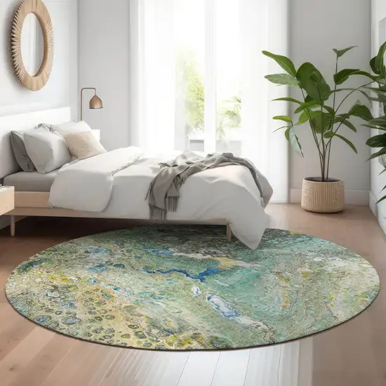 8' Teal Gold And Gray Abstract Washable Round Rug With UV Protection Photo 5