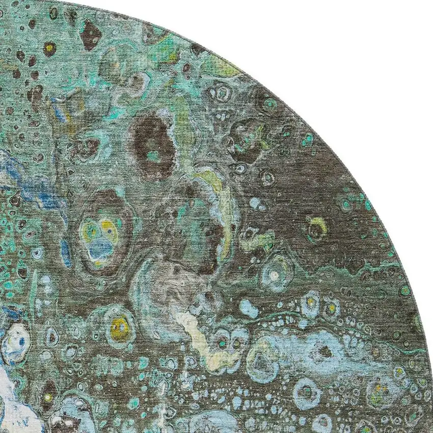 8' Teal Gold And Gray Abstract Washable Round Rug With UV Protection Photo 3