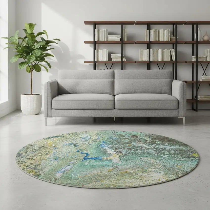 8' Teal Gold And Gray Abstract Washable Round Rug With UV Protection Photo 2