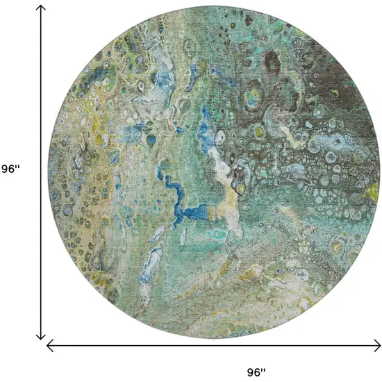 8' Teal Gold And Gray Abstract Washable Round Rug With UV Protection Photo 3