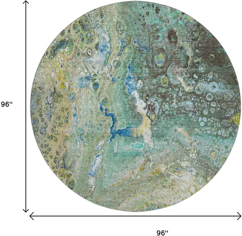 8' Teal Gold And Gray Abstract Washable Round Rug With UV Protection Photo 3