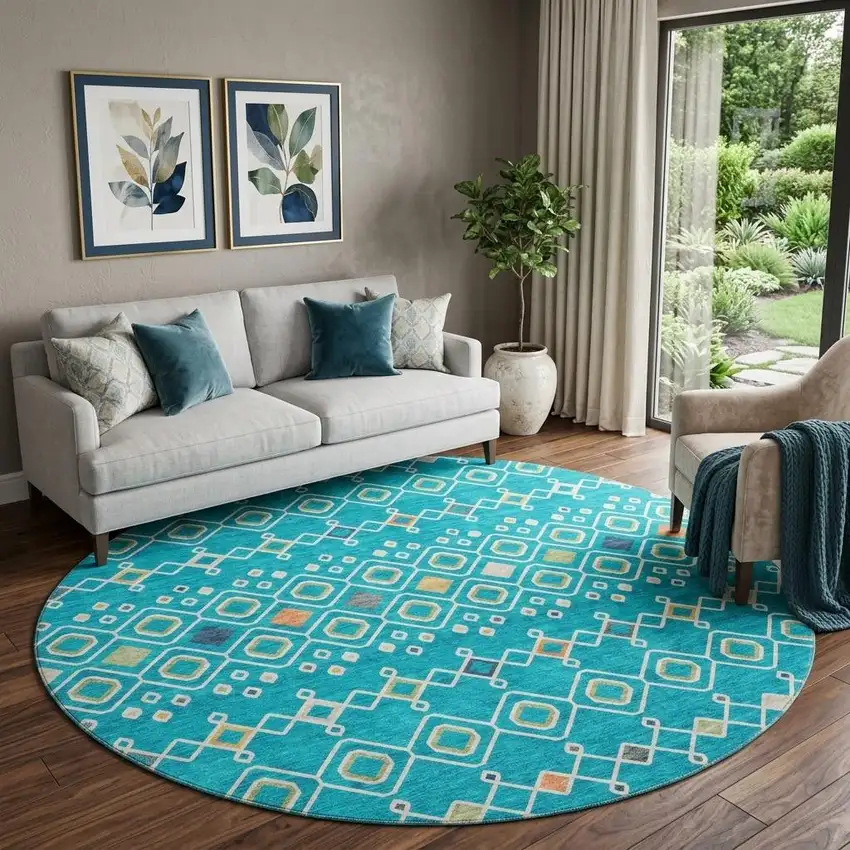 8' Teal Gold And Green Southwestern Washable Round Rug With UV Protection Photo 1