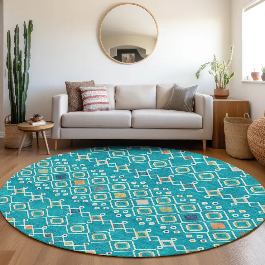 8' Teal Gold And Green Southwestern Washable Round Rug With UV Protection Photo 4