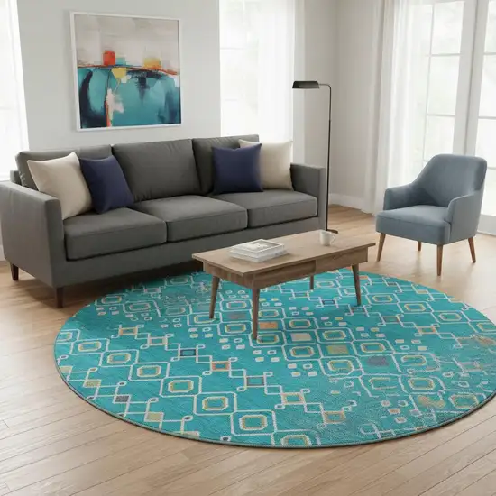 8' Teal Gold And Green Southwestern Washable Round Rug With UV Protection Photo 2