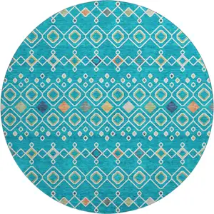 Photo of 8' Teal Gold And Green Southwestern Washable Round Rug With UV Protection
