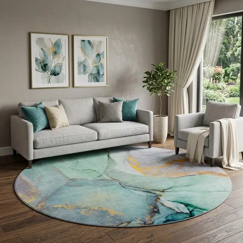 8' Teal Gold And Ivory Abstract Washable Round Rug With UV Protection Photo 1
