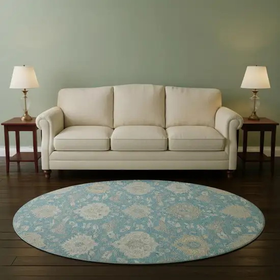 8' Teal Gold And Ivory Damask Washable Round Rug With UV Protection Photo 2