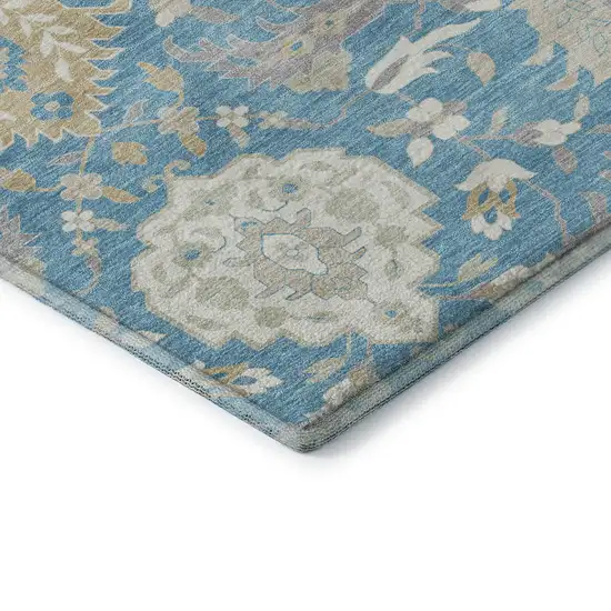 8' Teal Gold And Ivory Damask Washable Round Rug With UV Protection Photo 6