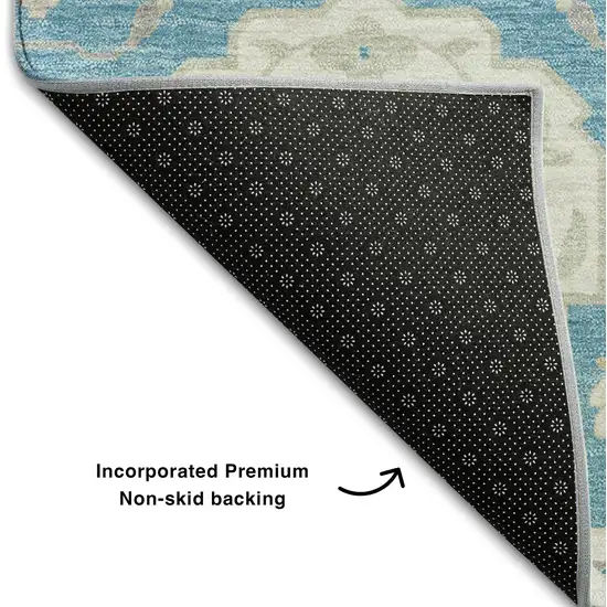 8' Teal Gold And Ivory Damask Washable Round Rug With UV Protection Photo 5