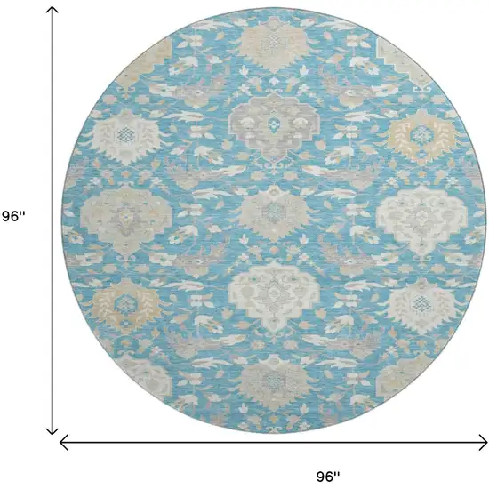 8' Teal Gold And Ivory Damask Washable Round Rug With UV Protection Photo 9