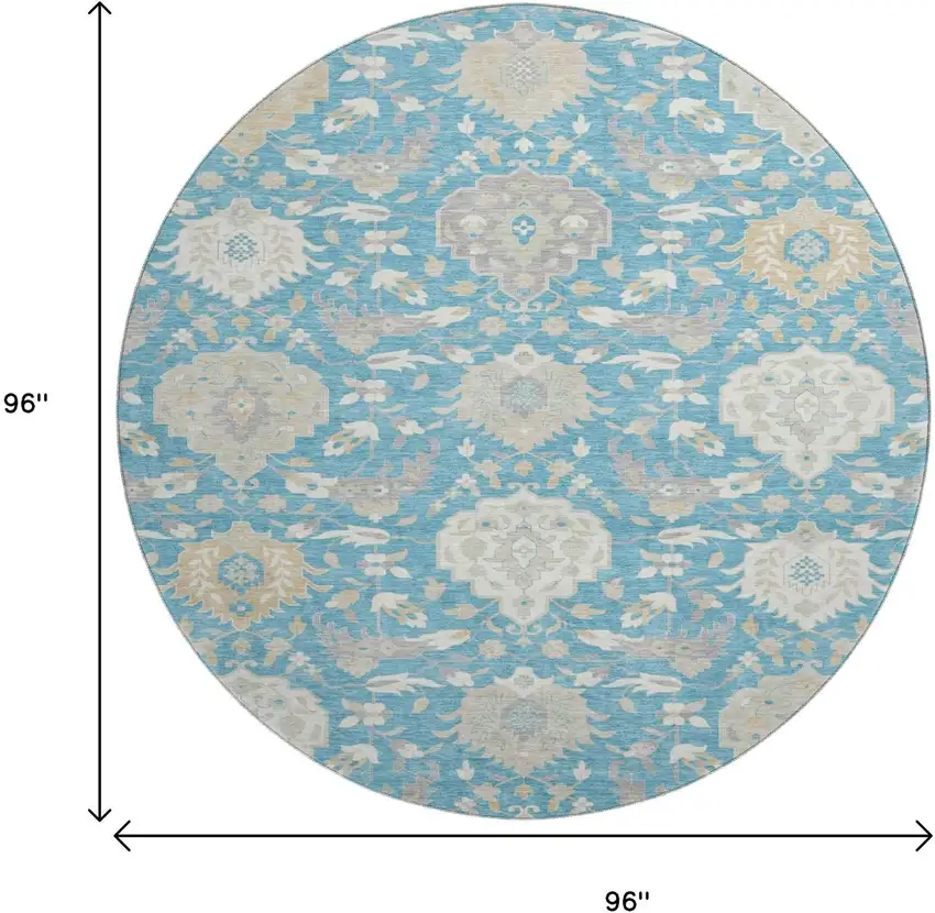 8' Teal Gold And Ivory Damask Washable Round Rug With UV Protection Photo 9