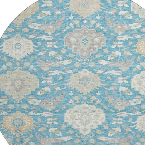 8' Teal Gold And Ivory Damask Washable Round Rug With UV Protection Photo 2