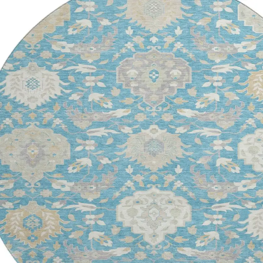 8' Teal Gold And Ivory Damask Washable Round Rug With UV Protection Photo 2
