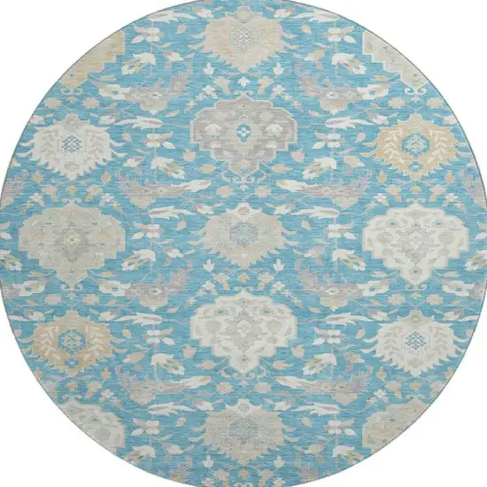 8' Teal Gold And Ivory Damask Washable Round Rug With UV Protection Photo 3