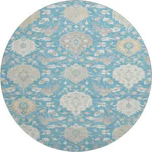 Photo of 8' Teal Gold And Ivory Damask Washable Round Rug With UV Protection