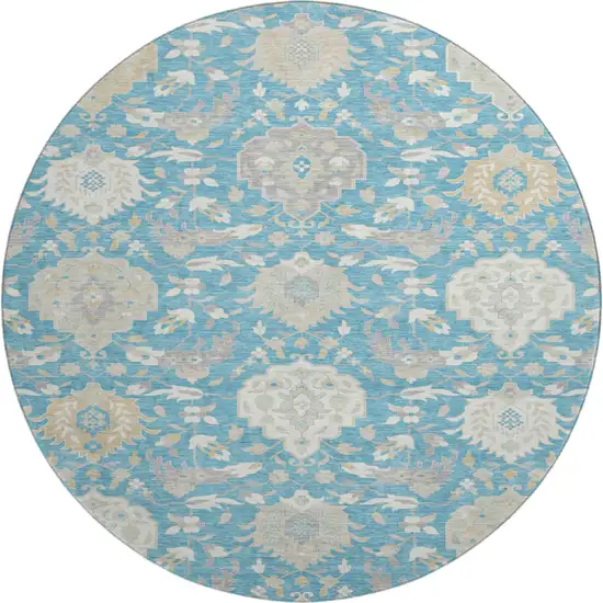 8' Teal Gold And Ivory Damask Washable Round Rug With UV Protection Photo 1