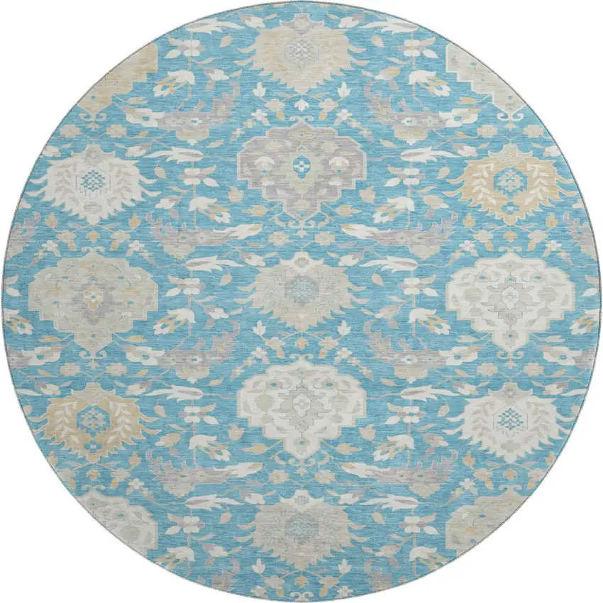8' Teal Gold And Ivory Damask Washable Round Rug With UV Protection Photo 1