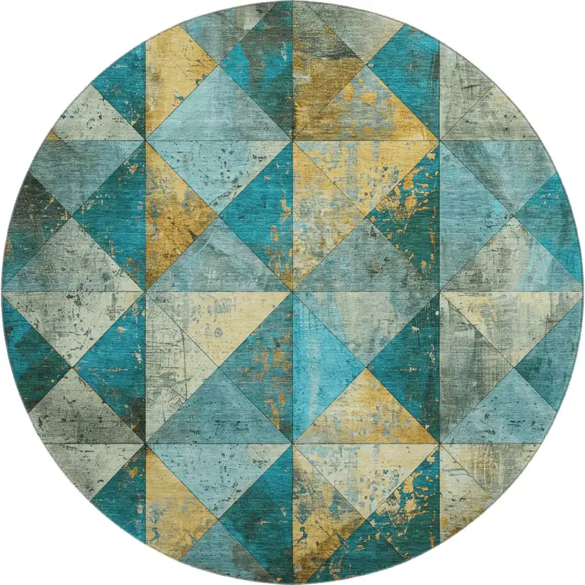 8' Teal Gold And Ivory Geometric Washable Round Rug With UV Protection Photo 1