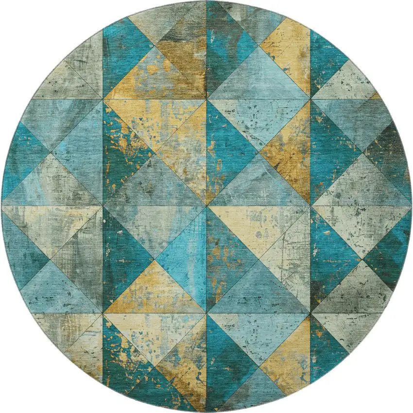 8' Teal Gold And Ivory Geometric Washable Round Rug With UV Protection Photo 2